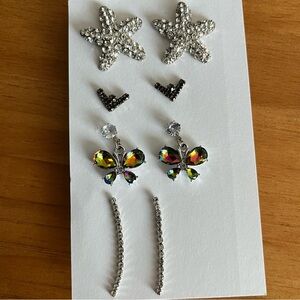Four Pairs of Rhinestone Earrings Vintage and Contemporary Starfish Butterfly